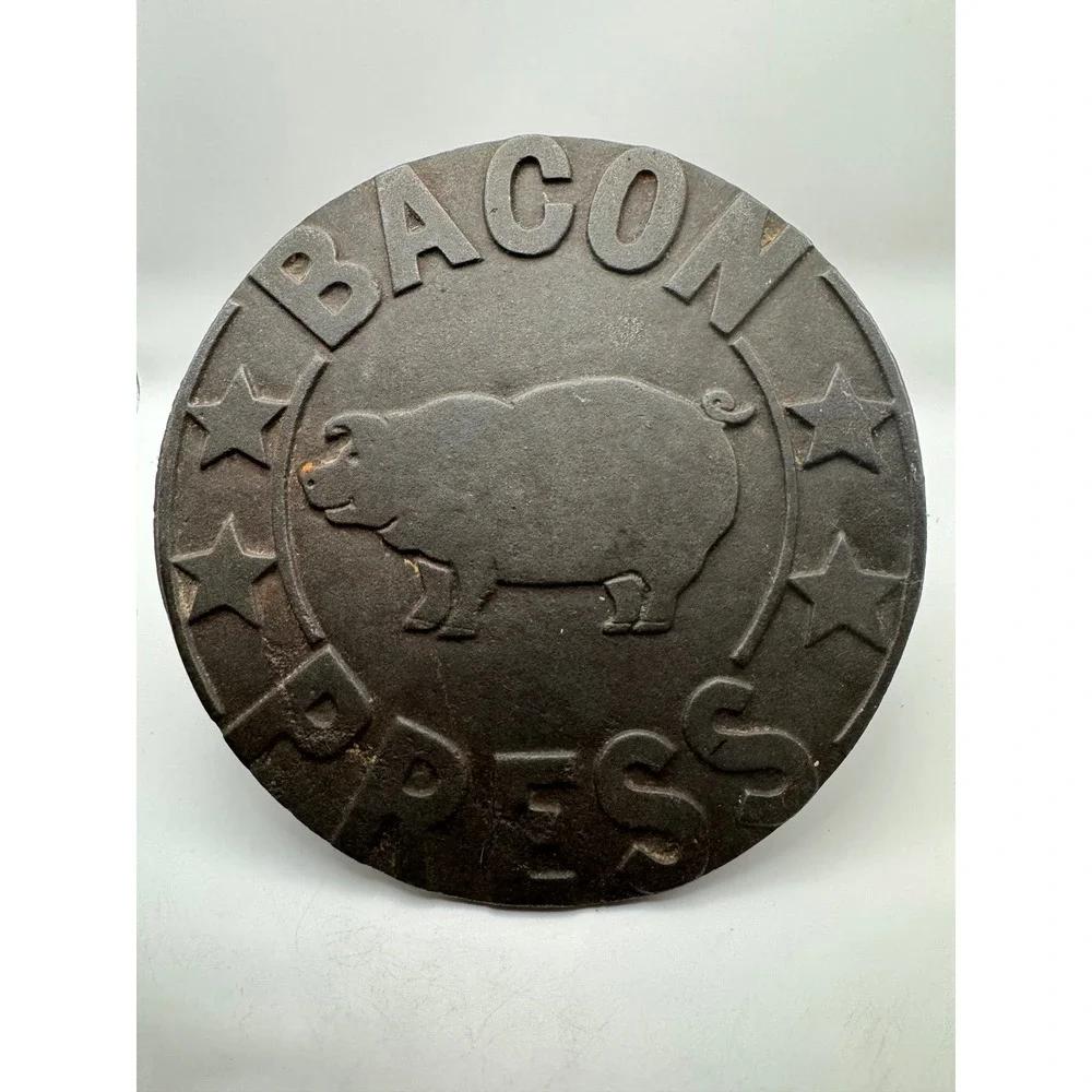 Vintage Cast Iron Bacon Press Pig Stars Embossed‎ Wood Handle Kitchen Tool